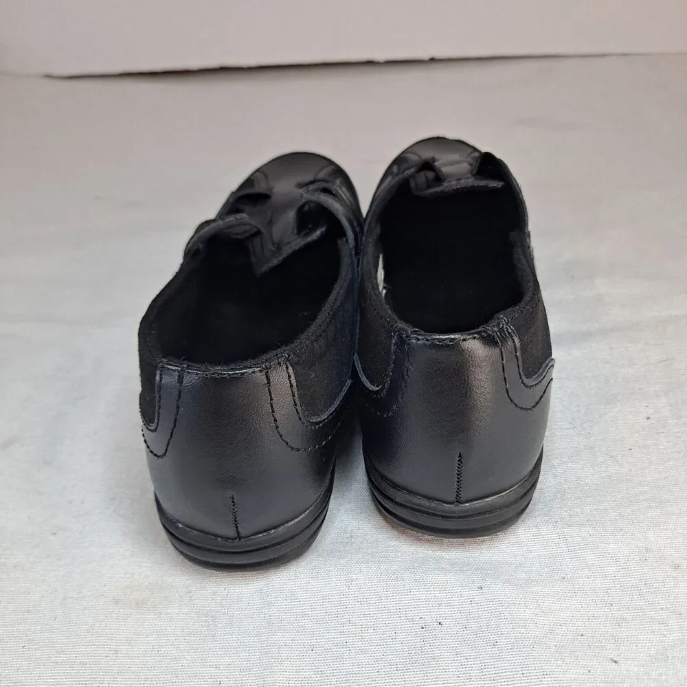 Mushrooms Black Leather & Suede Wedge Flats Size 8 M Elastic Straps for Stretch